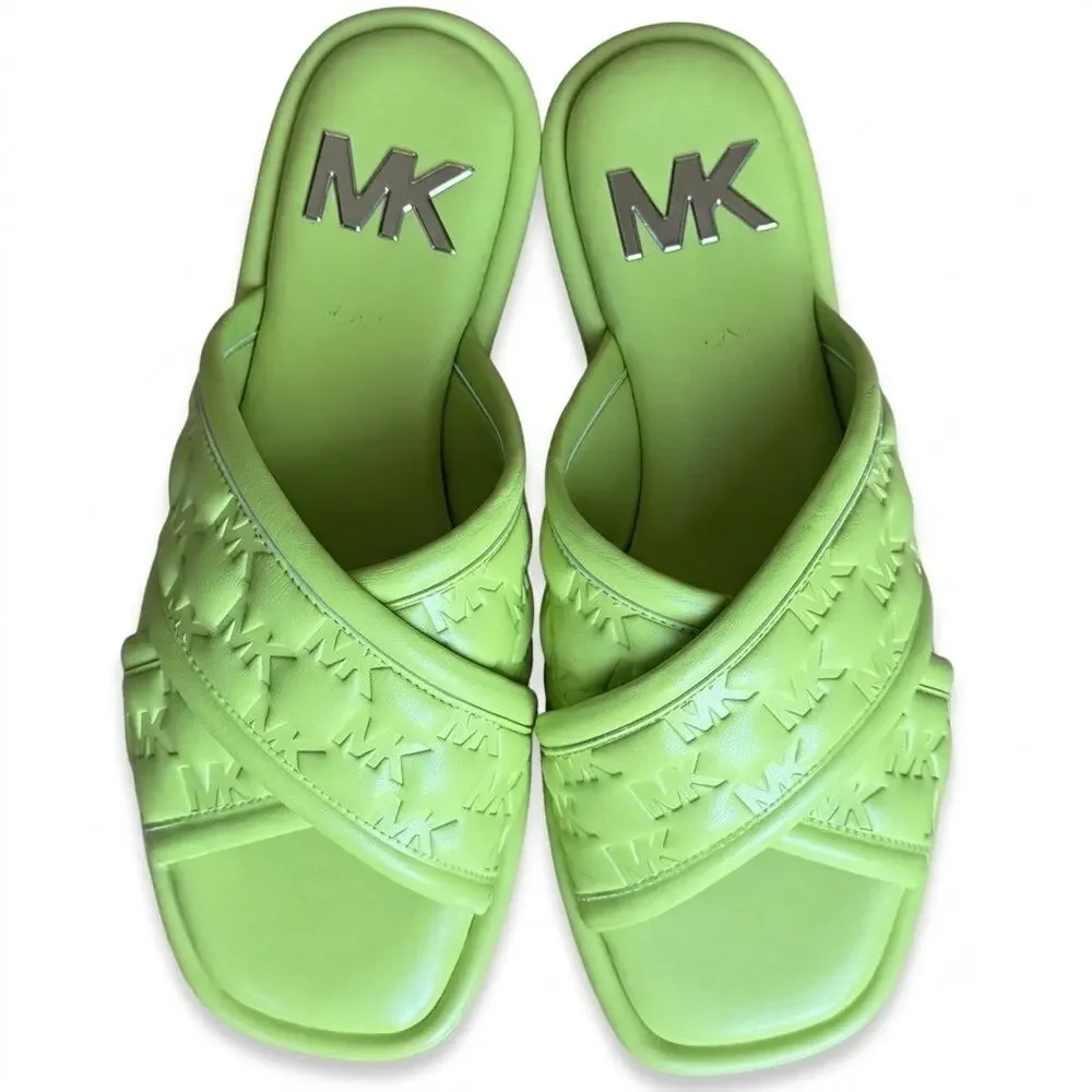 MK Michael Kors Gideon Puffy Logo Slide Sandals Limeade Green Women Sz 7.5 NWOB